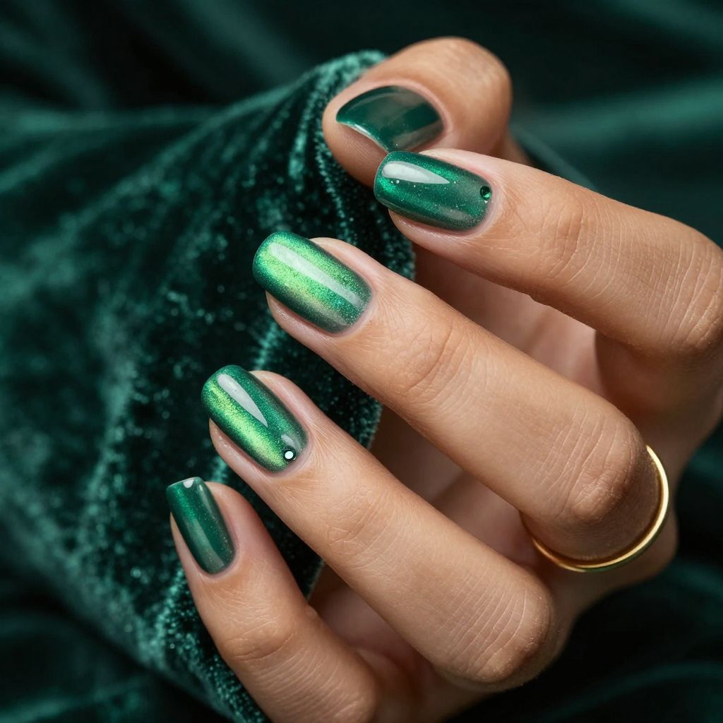 Velvet emerald cat eye short nails