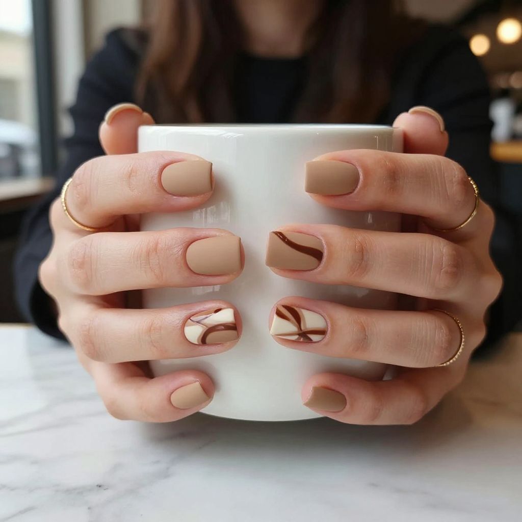Matte mocha swirl short nails