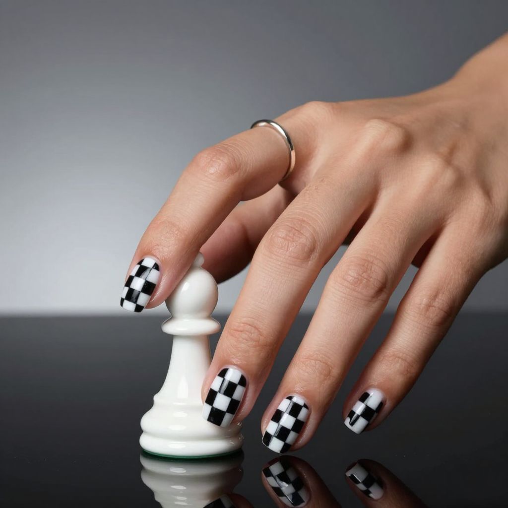 Black and white checkerboard short nails