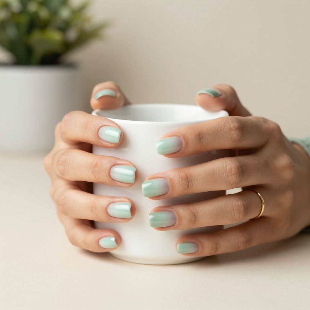Soft sage gradient on short nails