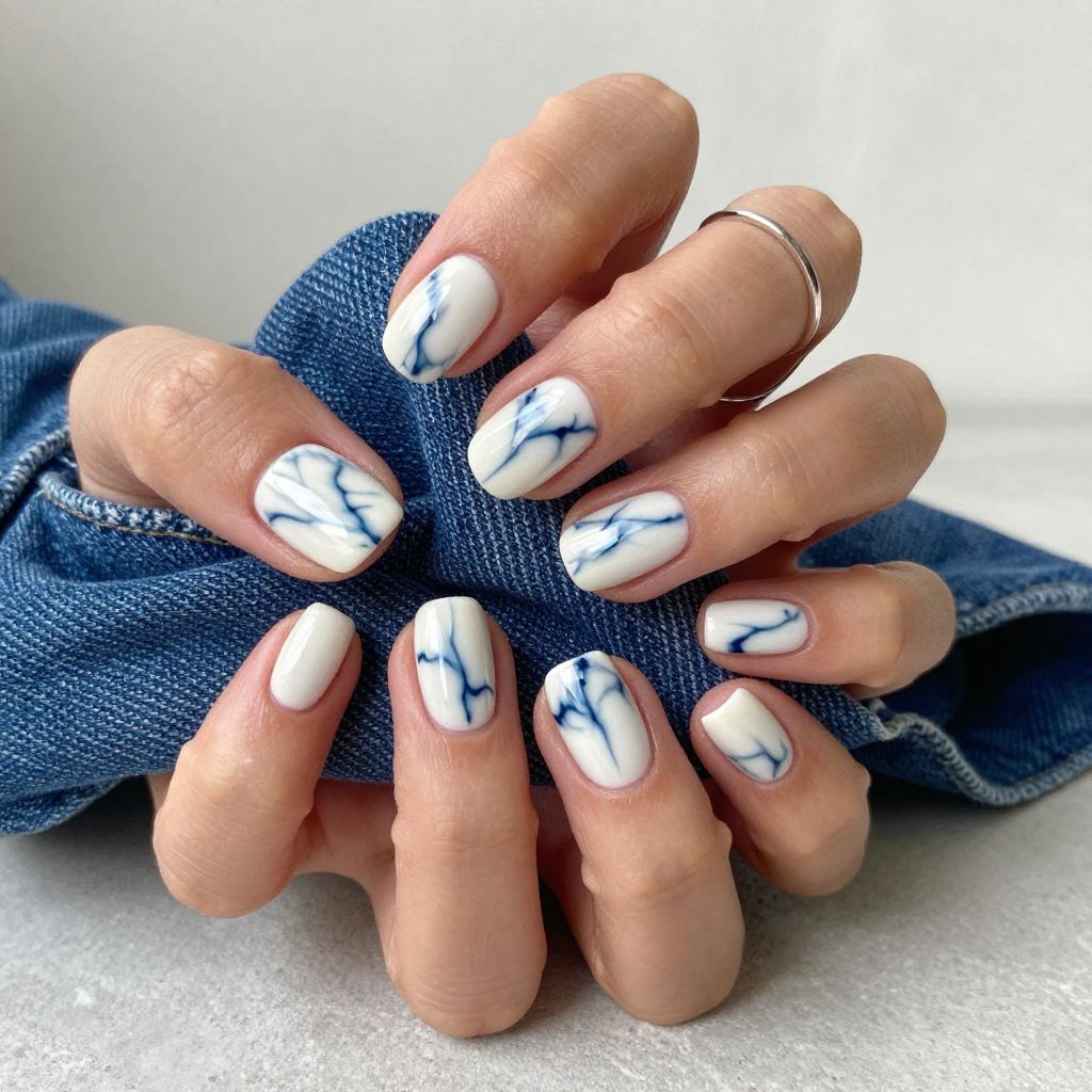 Indigo ink marble short nails