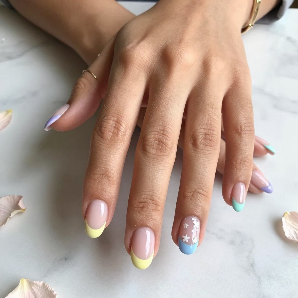 Pastel French Tips on Short Rounded Nails