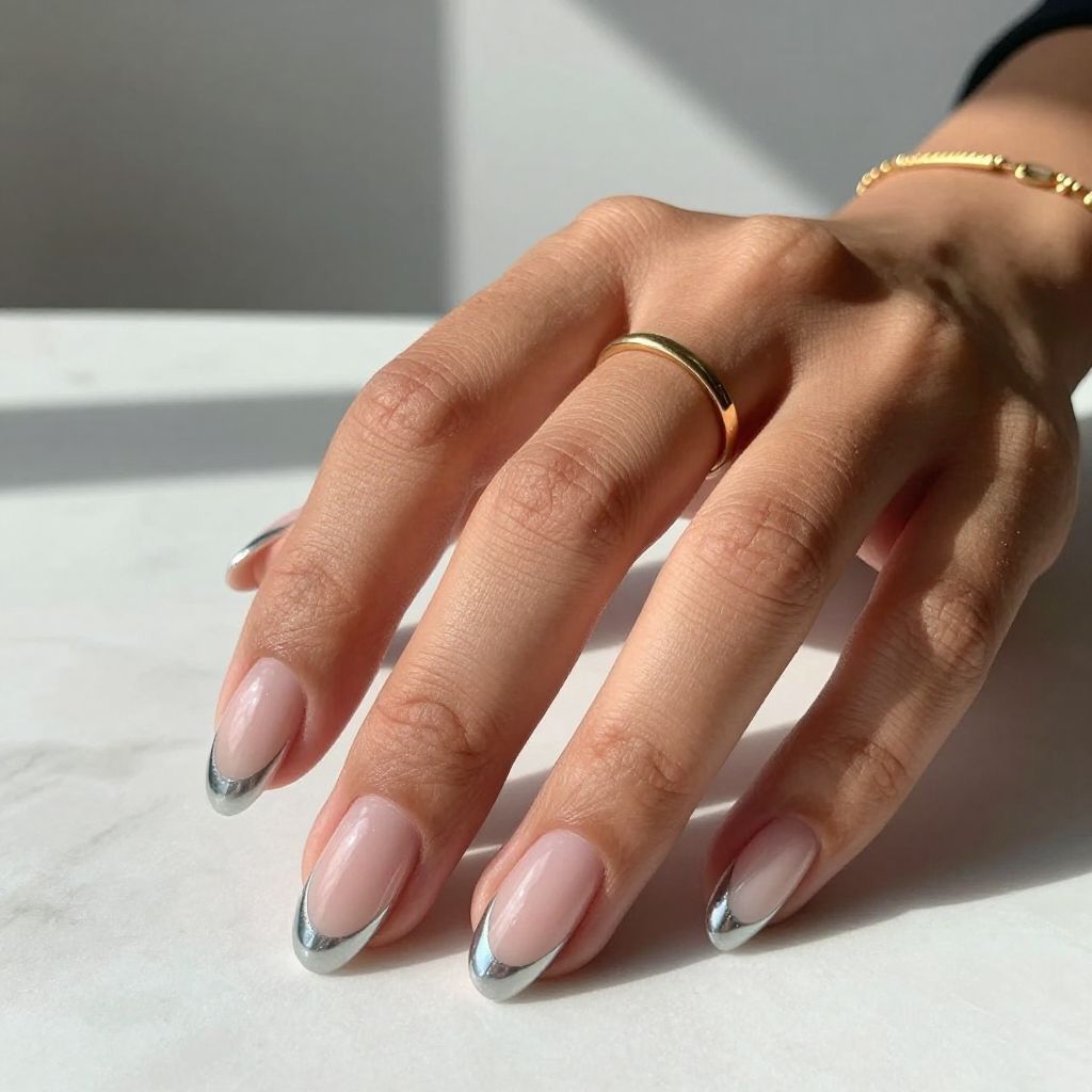 Chrome French Tips on Short Almond Nails