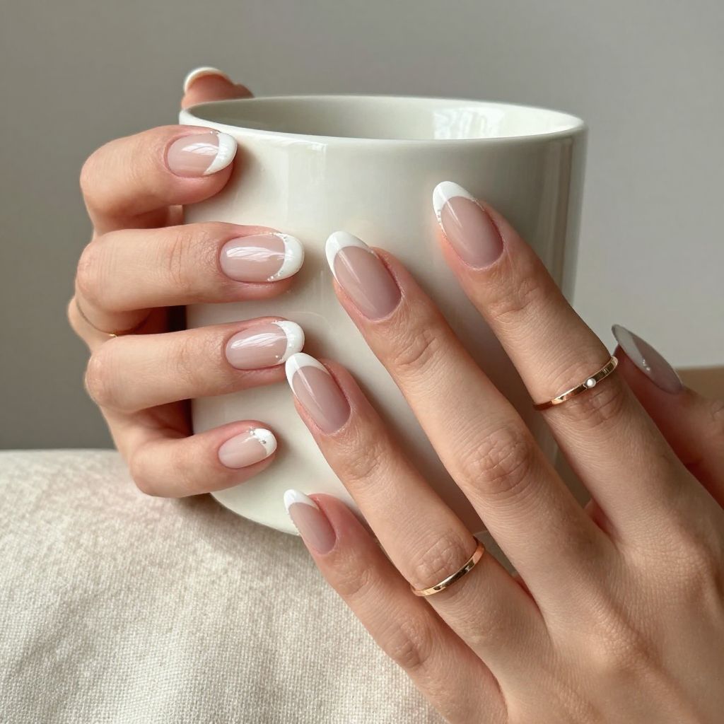 Beige and White French Tips with Almond Short Nails