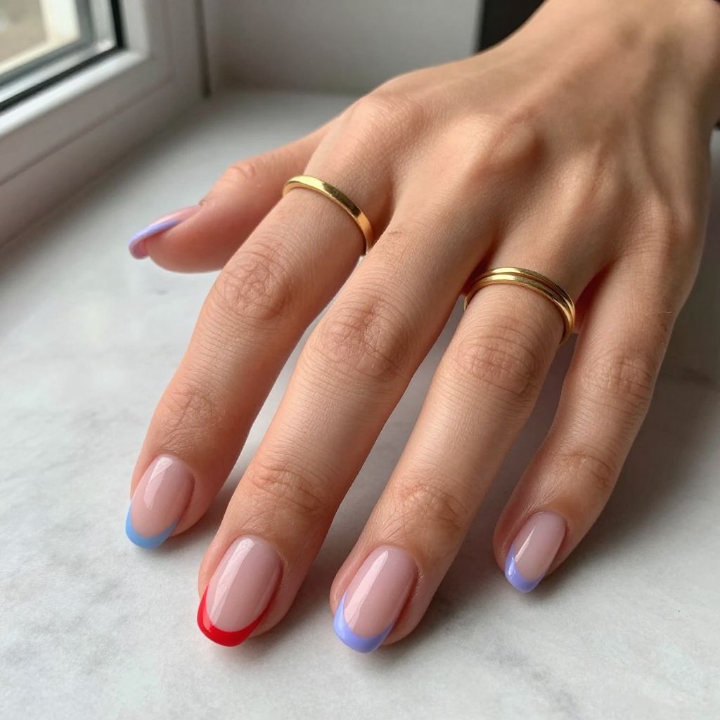 Colored French Tips on Natural Short Nails
