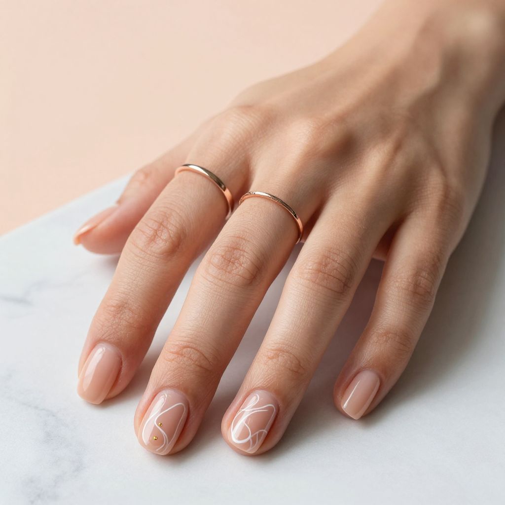 Peachy Nude Short Nails With White Art