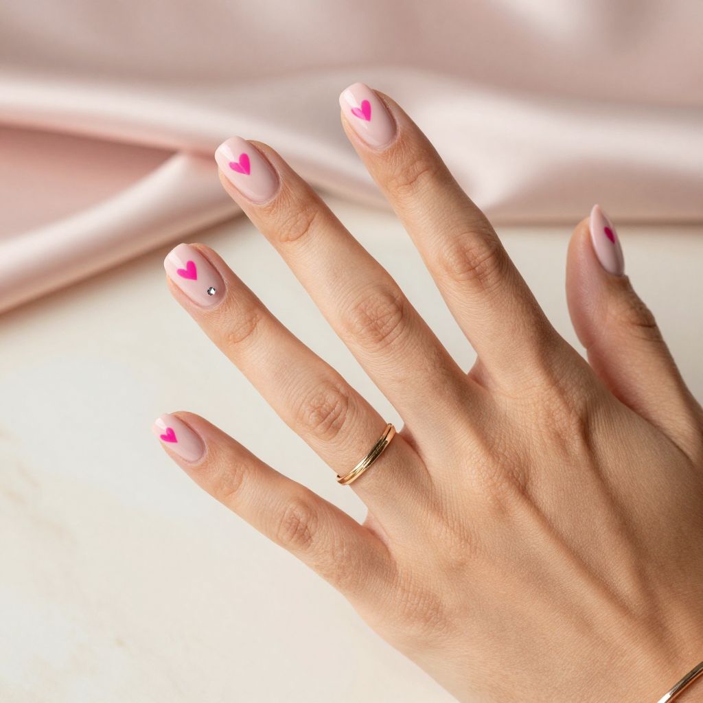 Pink Heart Detail Short Nails