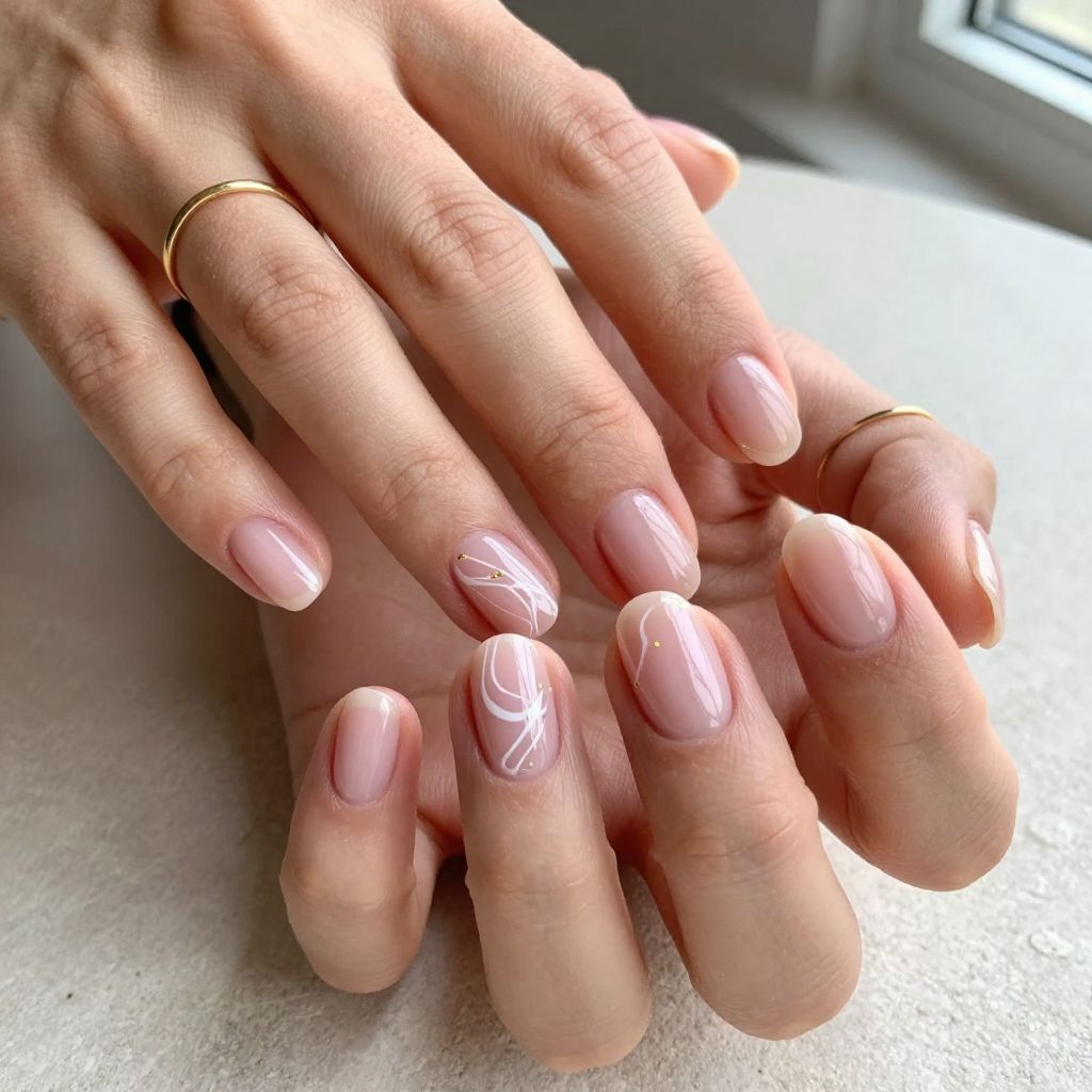 Pink and White Swirl Short Nails