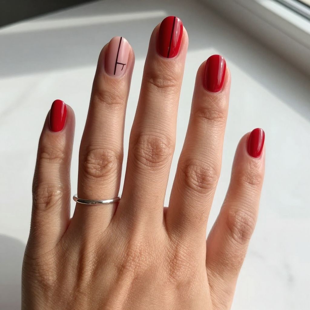 Short Red Nails with Thin Black Lines