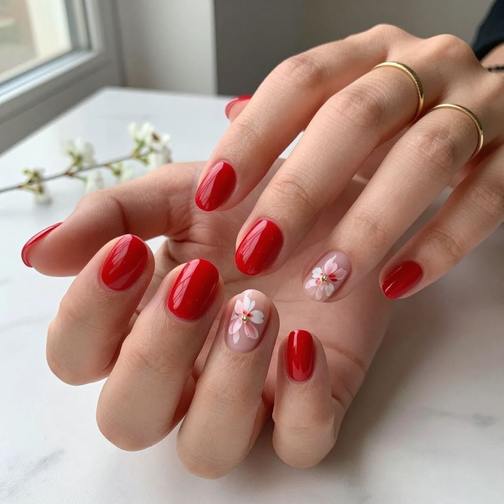 Scarlet Nails with Barely There Florals