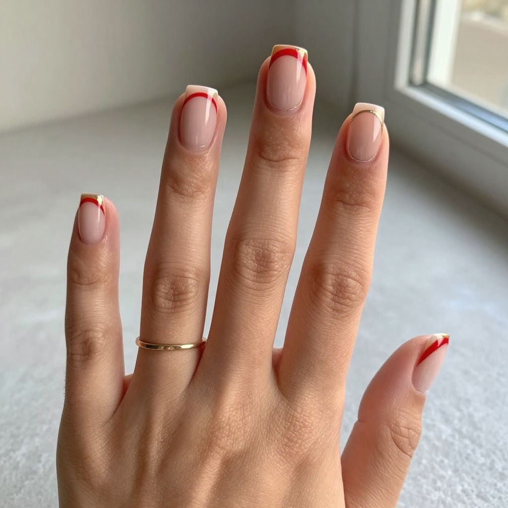 Red Nails with Nude Side Swoops