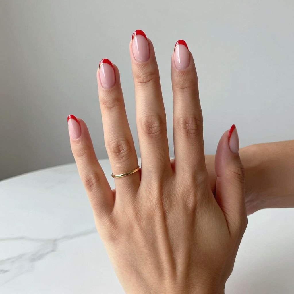 Short Almond Red with Micro French Tips
