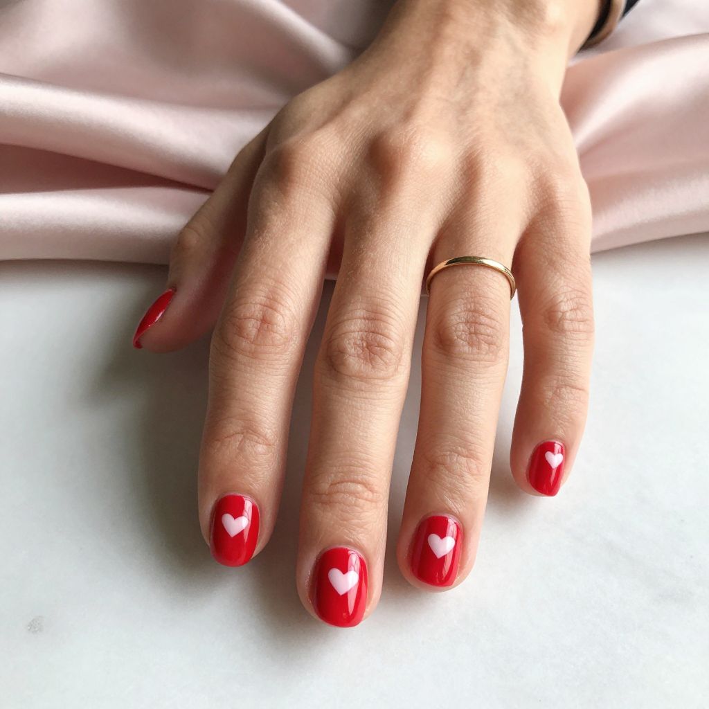 Red Nails with Tiny White Hearts