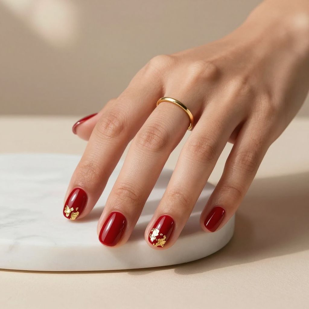 Short Red Nails with Gold Foil