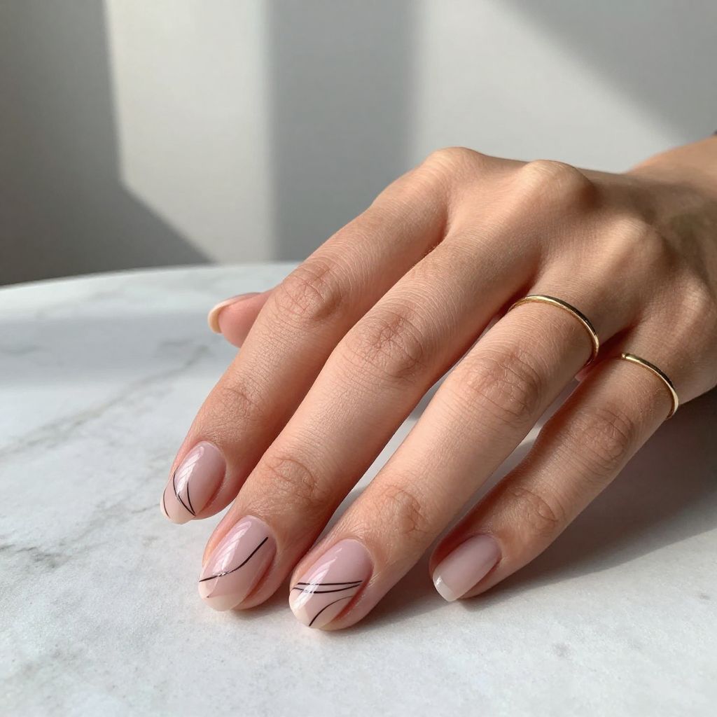 Minimal Black Line Art short round nail idea