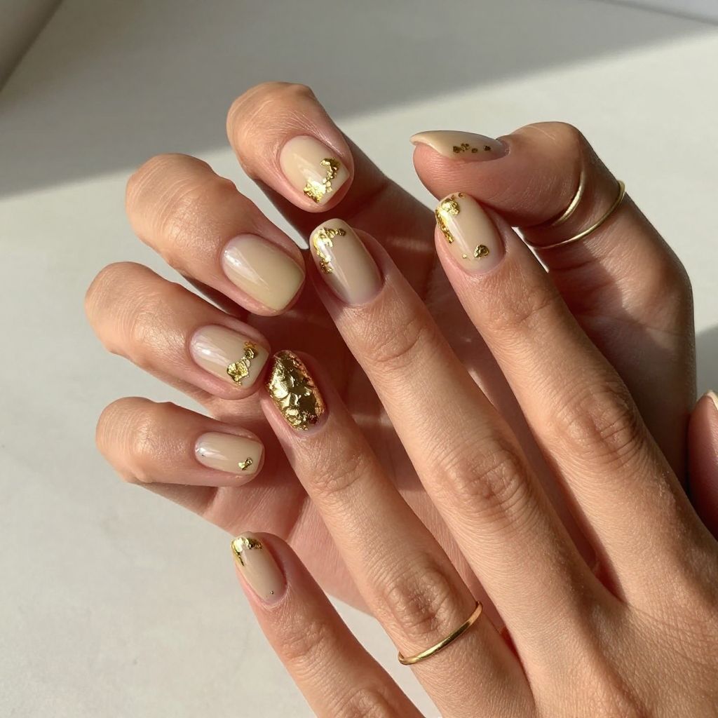 Creamy Tan with Gold Foil short round nail idea