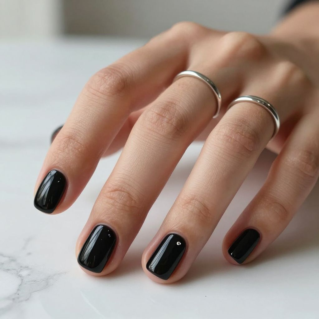 Glossy jet black short square nails