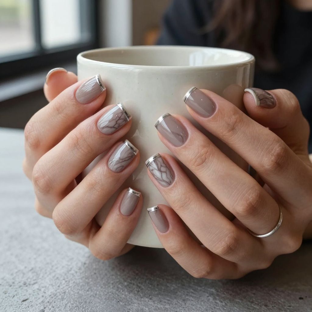 Smoky taupe marble short square nails