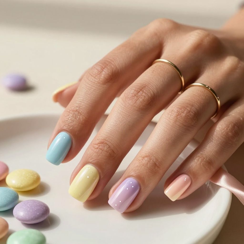 Pastel rainbow skittles short square nails