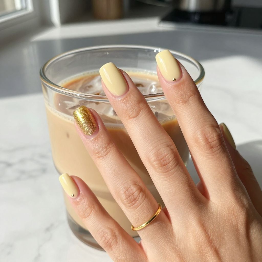Gold glitter fade on pale yellow short nails