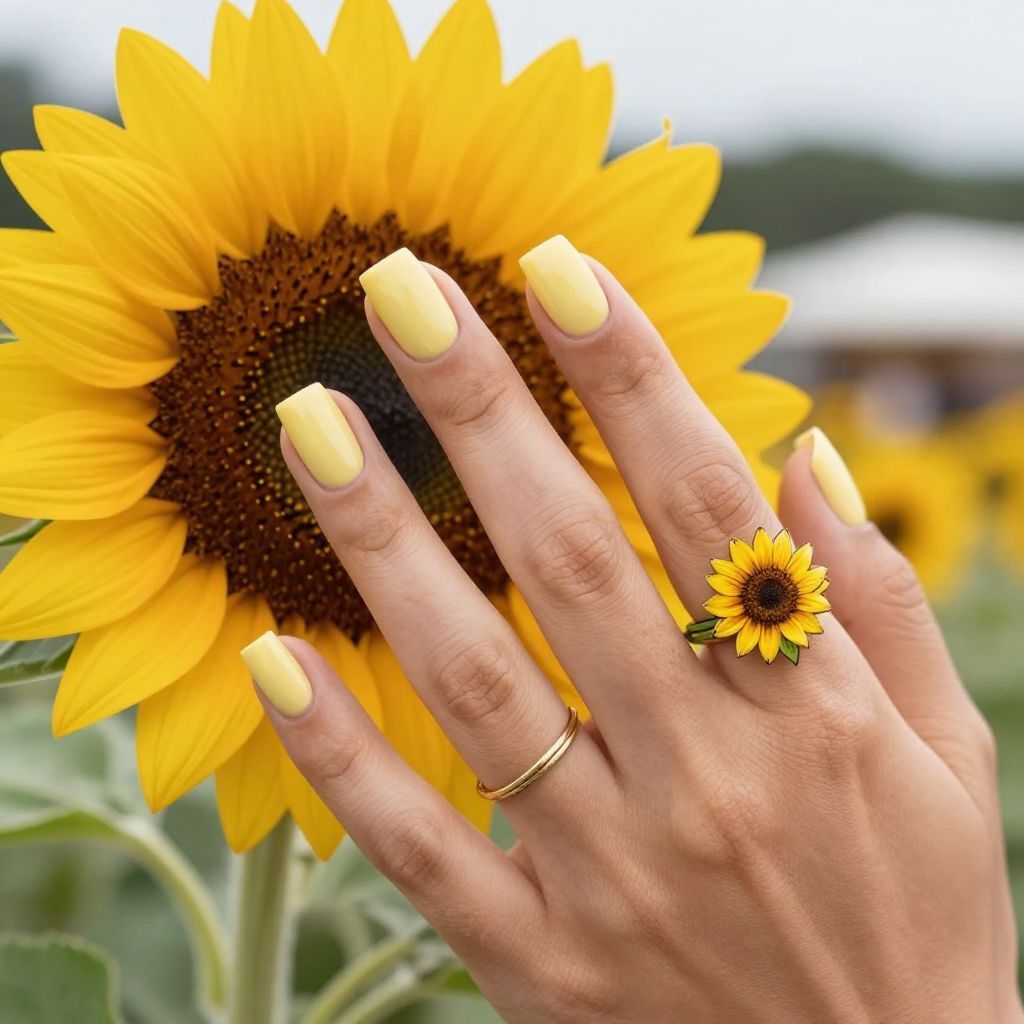 Sunflower accent on short yellow nails