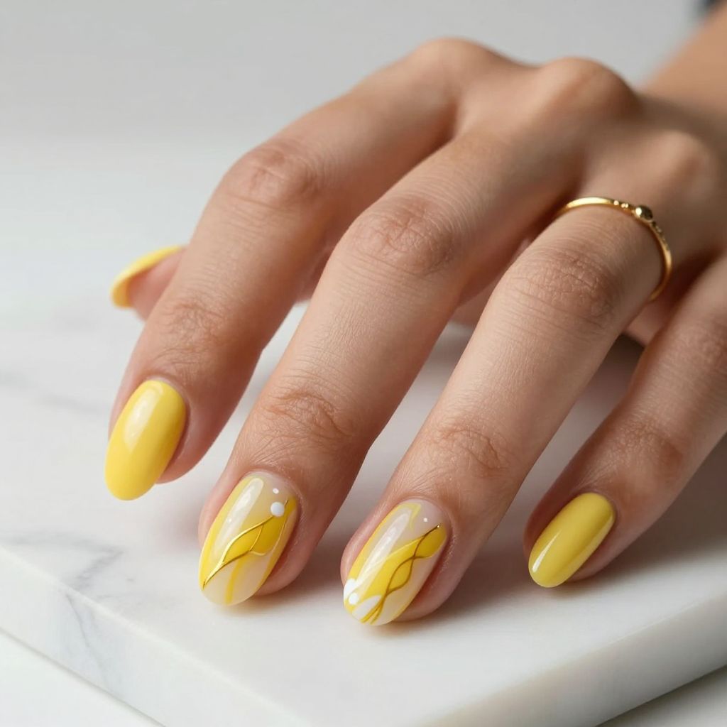 Yellow marble swirl on short nails