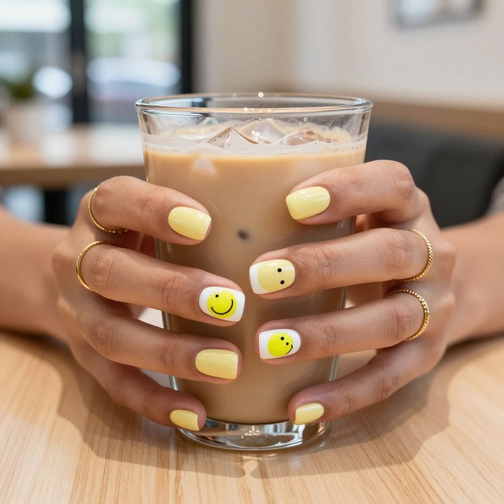 Neon smiley accent short yellow nails