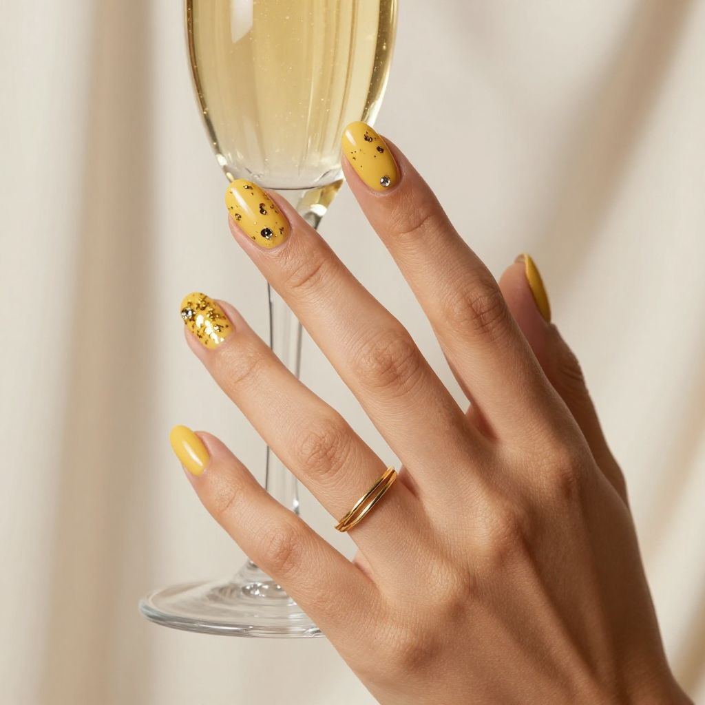 Short yellow nails with gold foil flakes