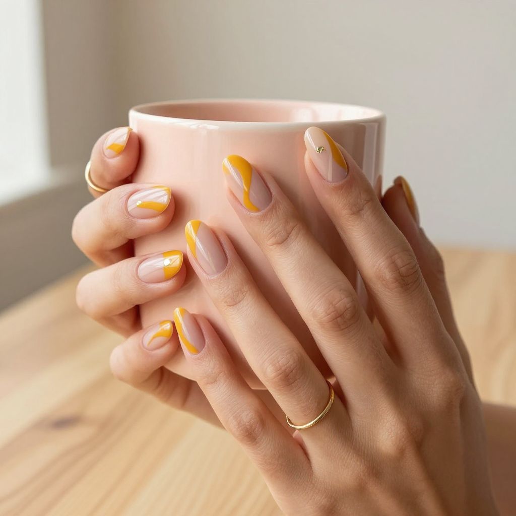 Abstract mustard and peach swooshes on short nails