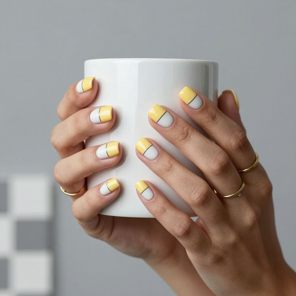 Yellow and white checker short nails
