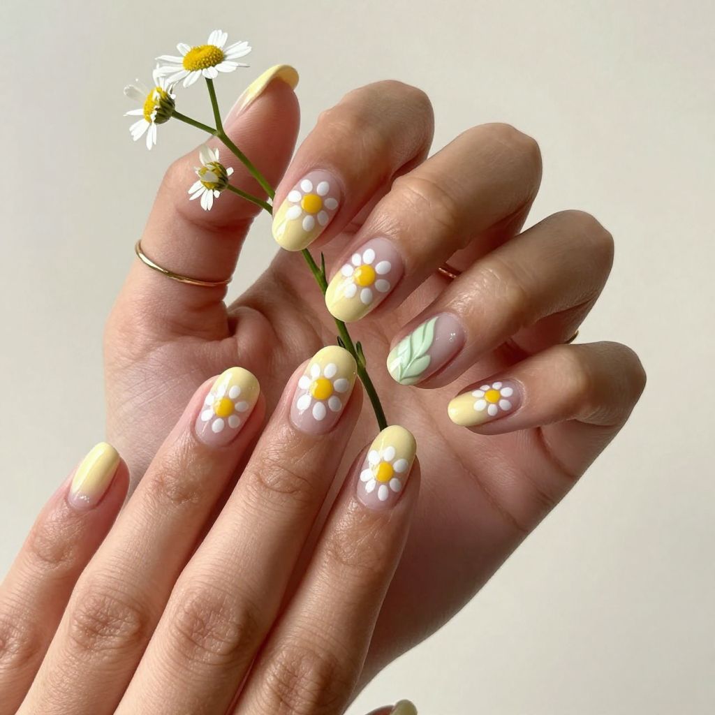 Pastel yellow daisy dot short nails
