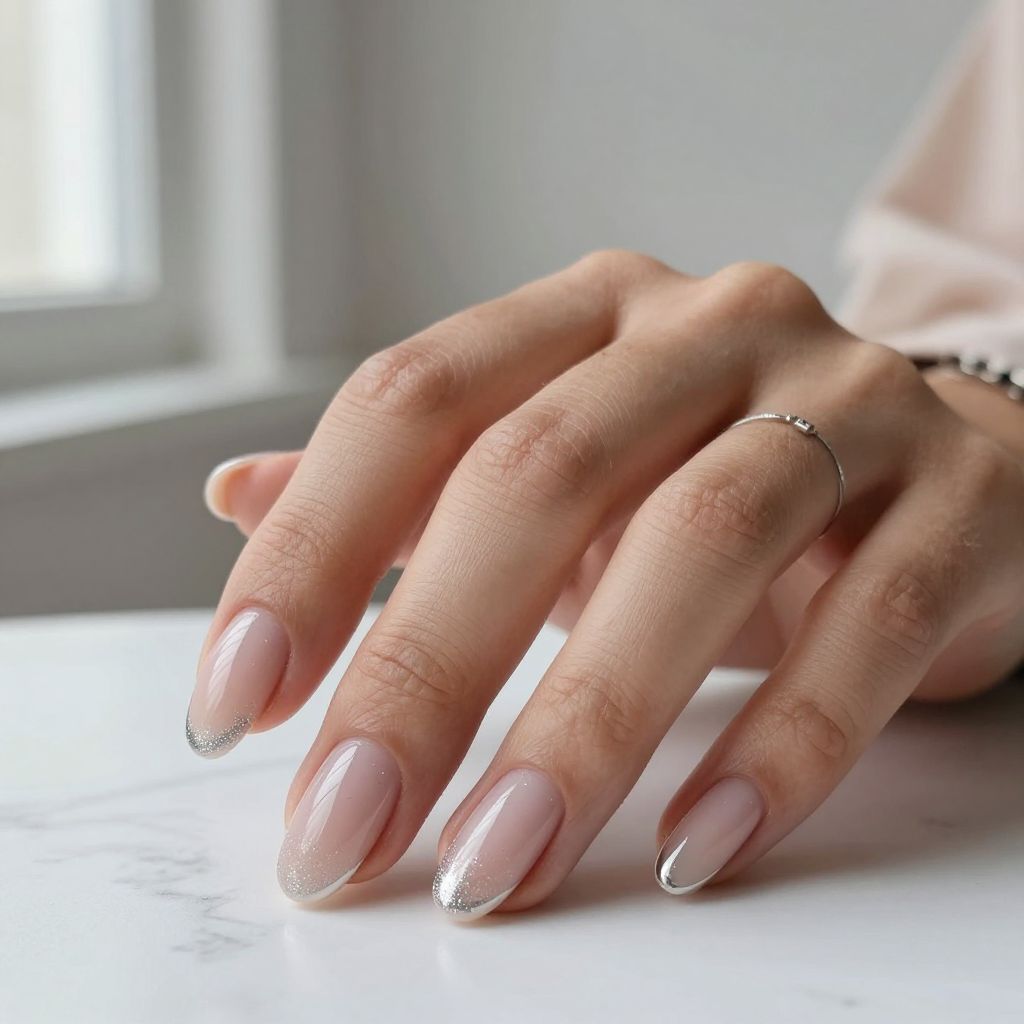 Sheer Nude Nails With Silver Glitter Tips
