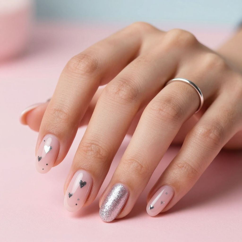 Silver Glitter Hearts On Sheer Pink Nails