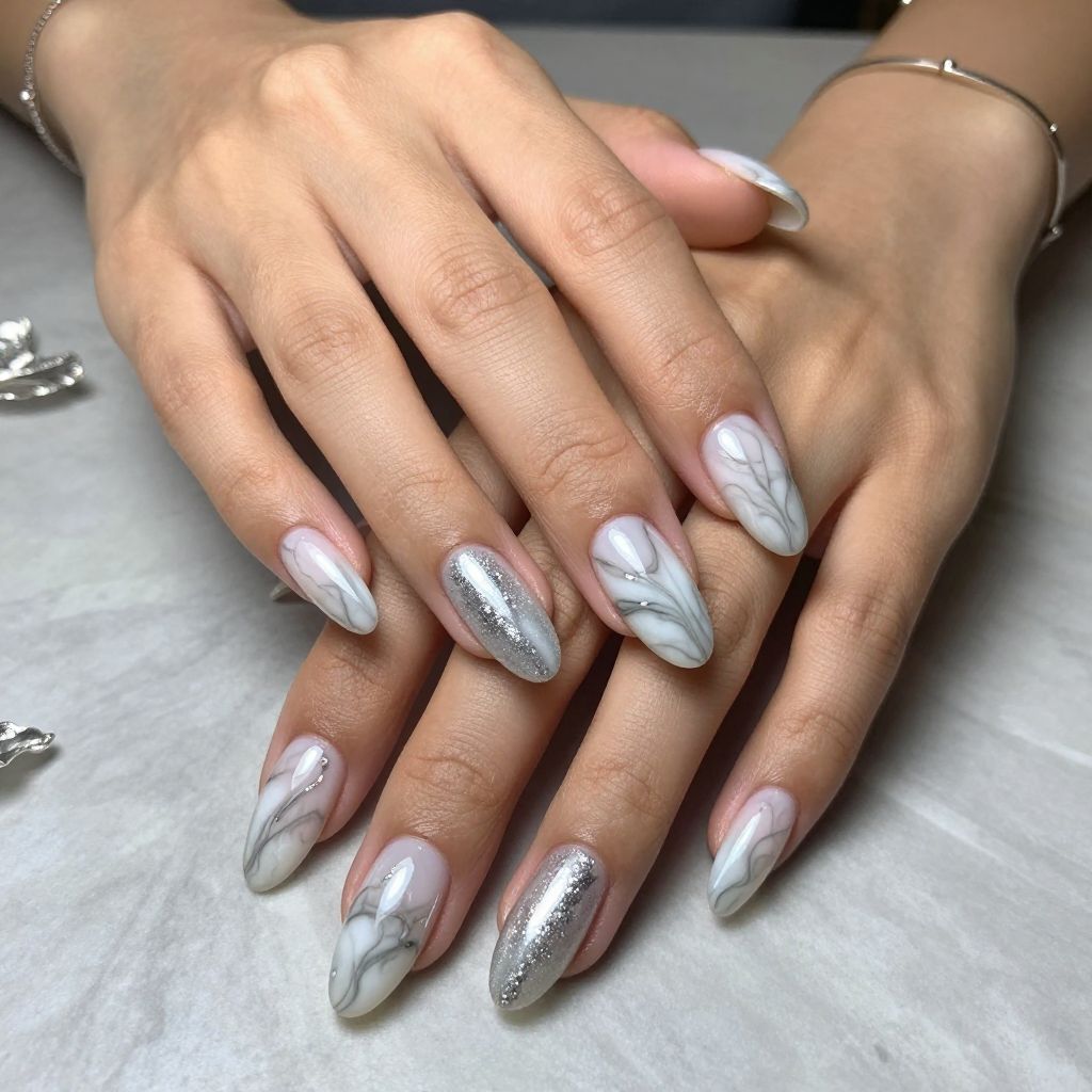 Silver Glitter Marble Nails