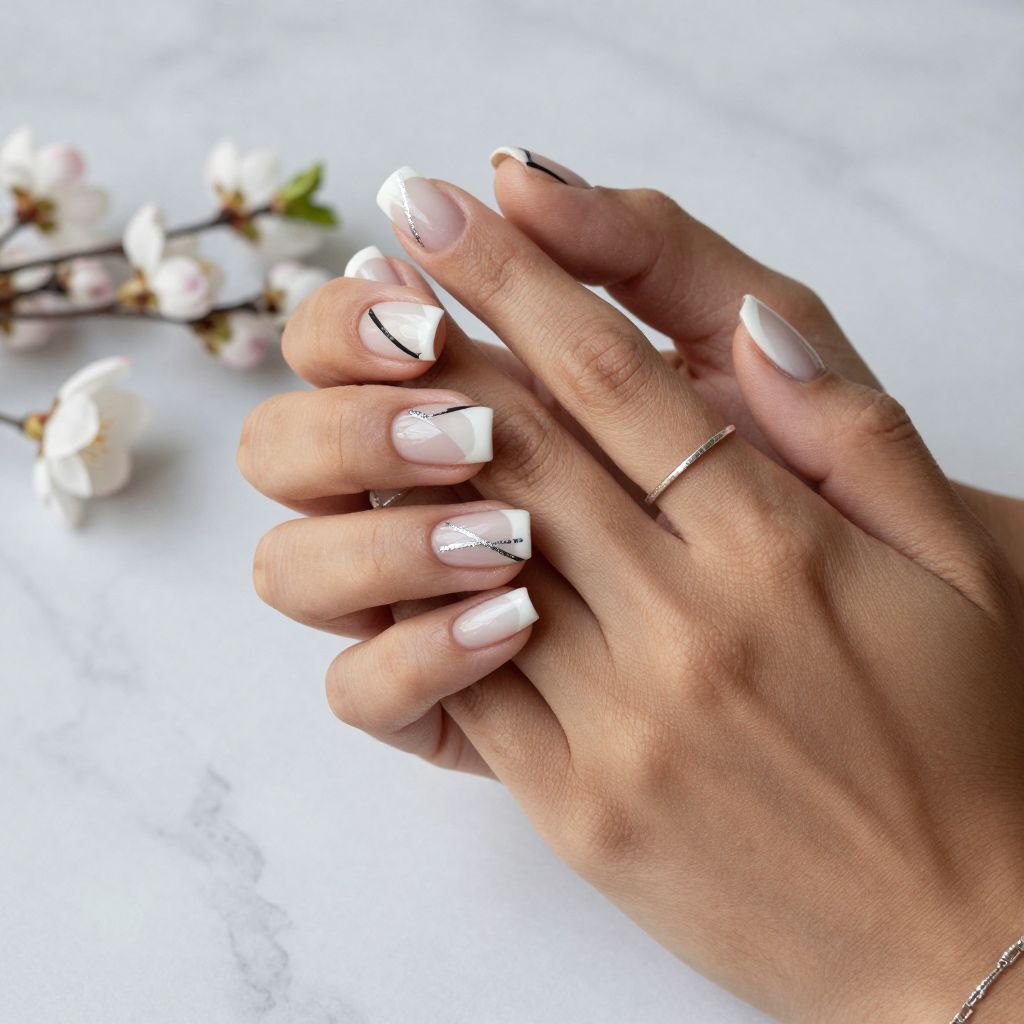 Silver Glitter And White Geometric Nails