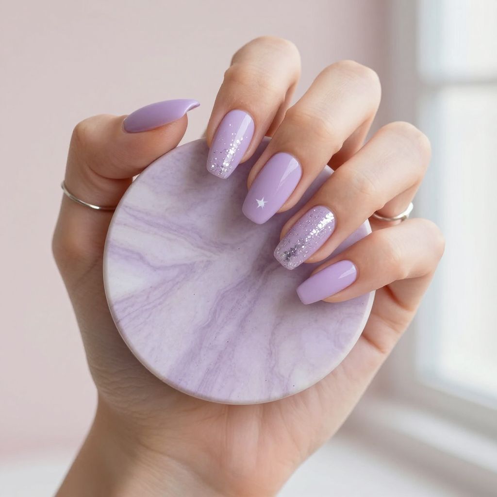 Frosted Lavender Nails With Silver Sparkle