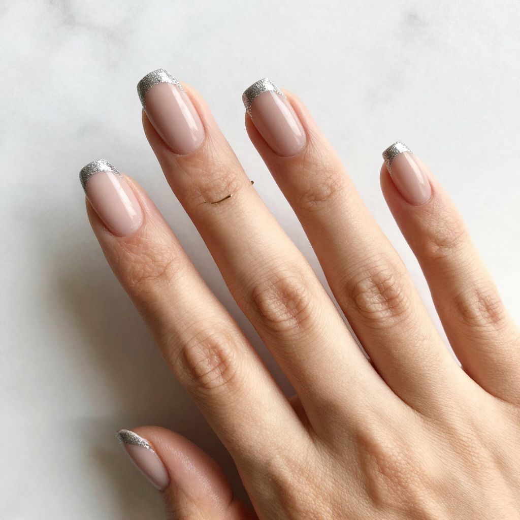 Silver Glitter Tips With Matte Nude Base
