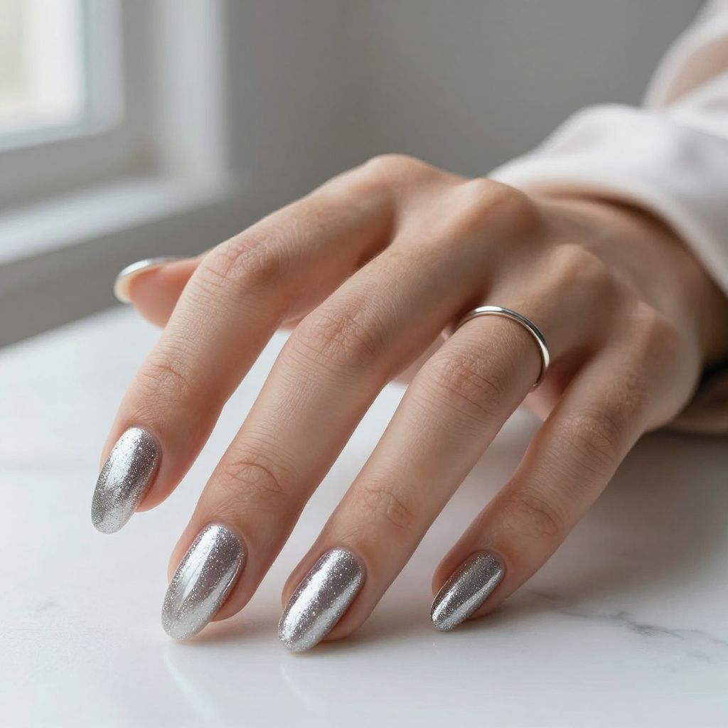 Full Coverage Silver Glitter Almond Nails
