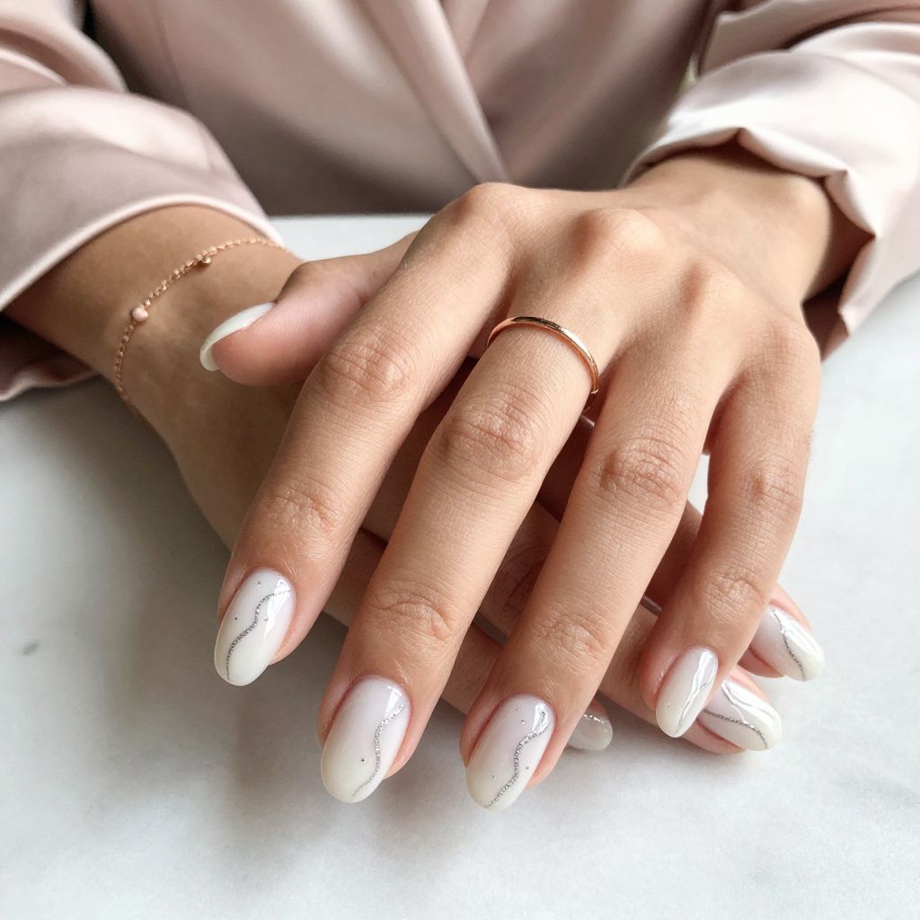 Milky White Nails With Silver Glitter Swirls