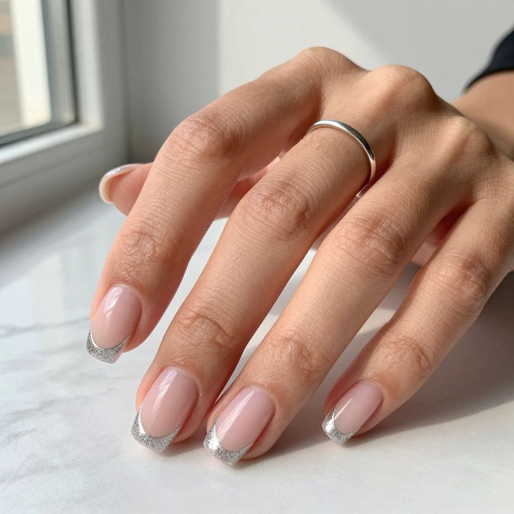 Silver Glitter French Manicure On Short Square Nails