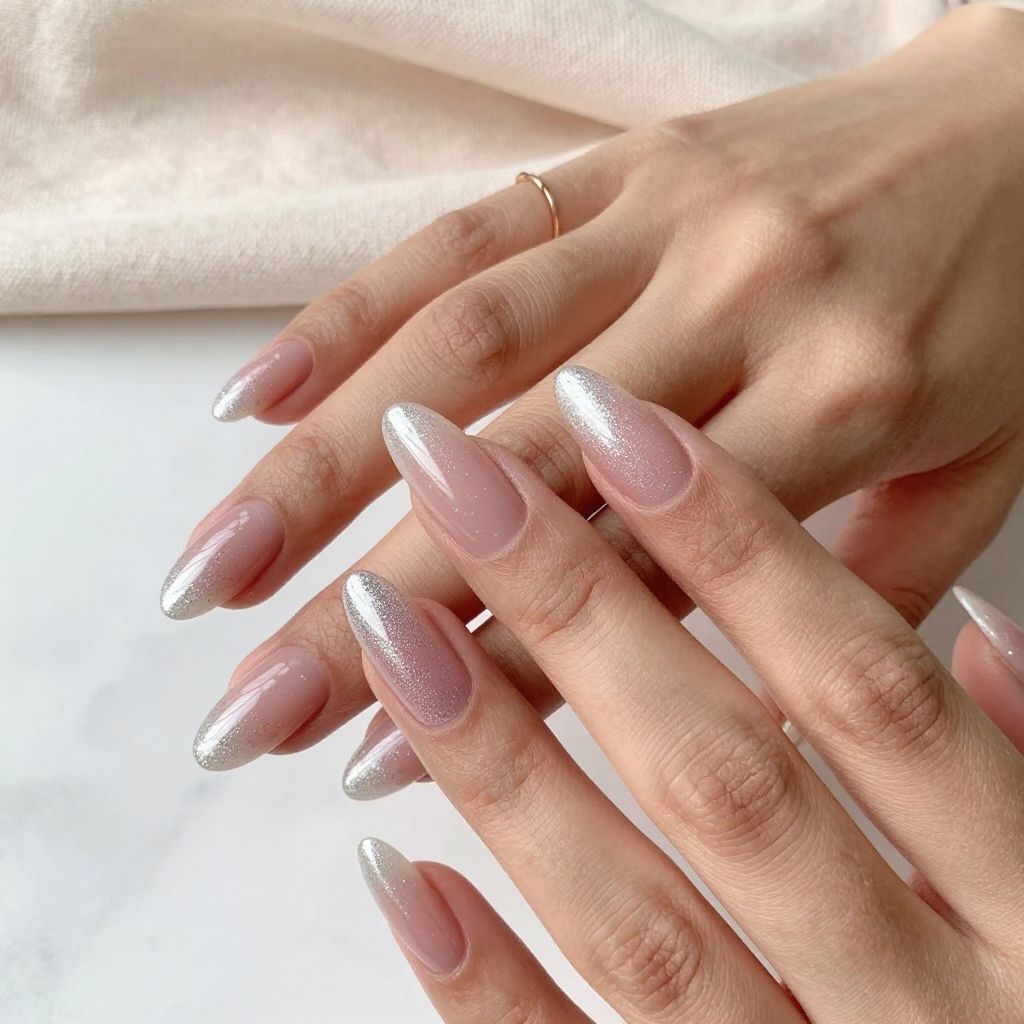 featured Silver Glitter Ombré Nails With Soft Pink Base