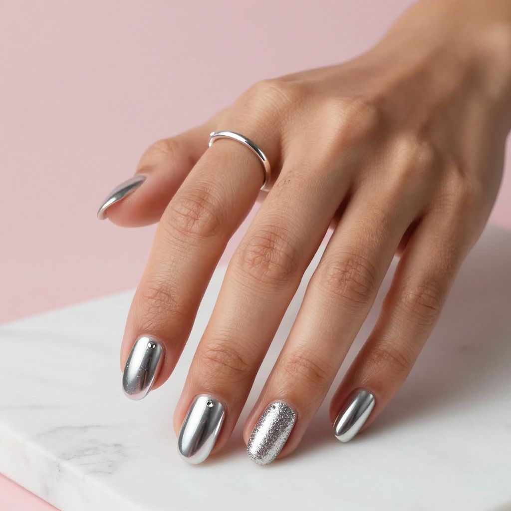 Chrome Silver Nails With Glitter Accent Fingers
