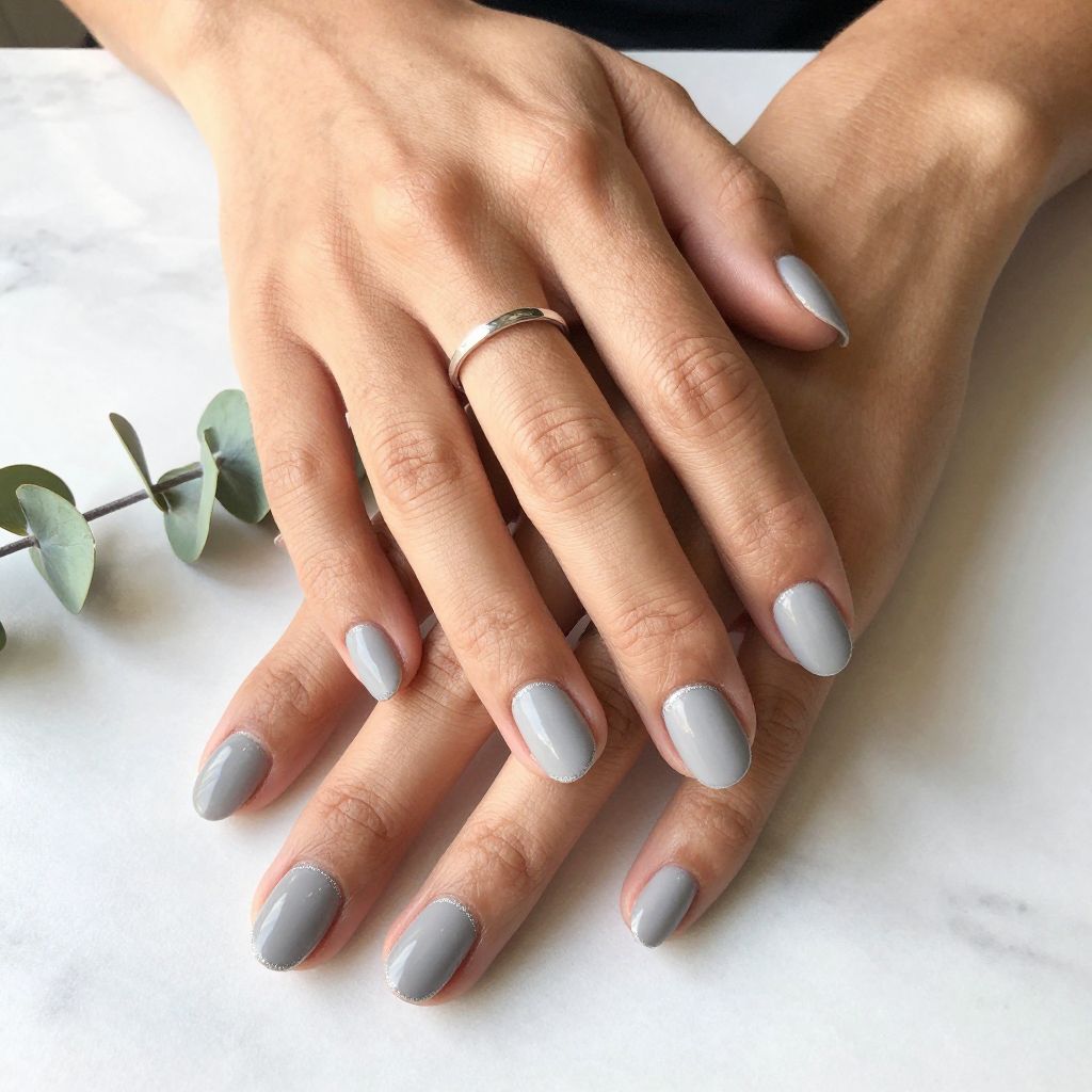 Soft Gray Nails With Silver Glitter Cuticle Lines