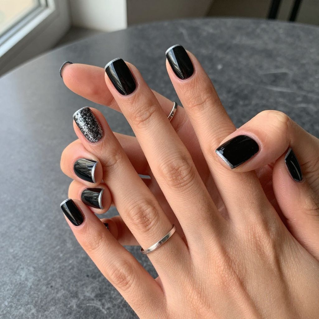 Silver Glitter And Black Contrast Nails
