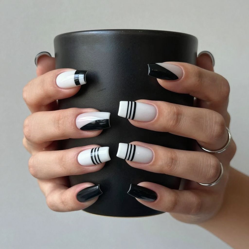 Graphic black and white acrylic nails