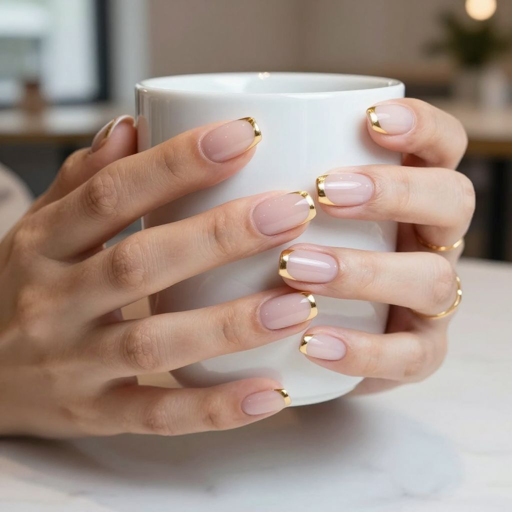 French manicure with gold edge acrylic nails