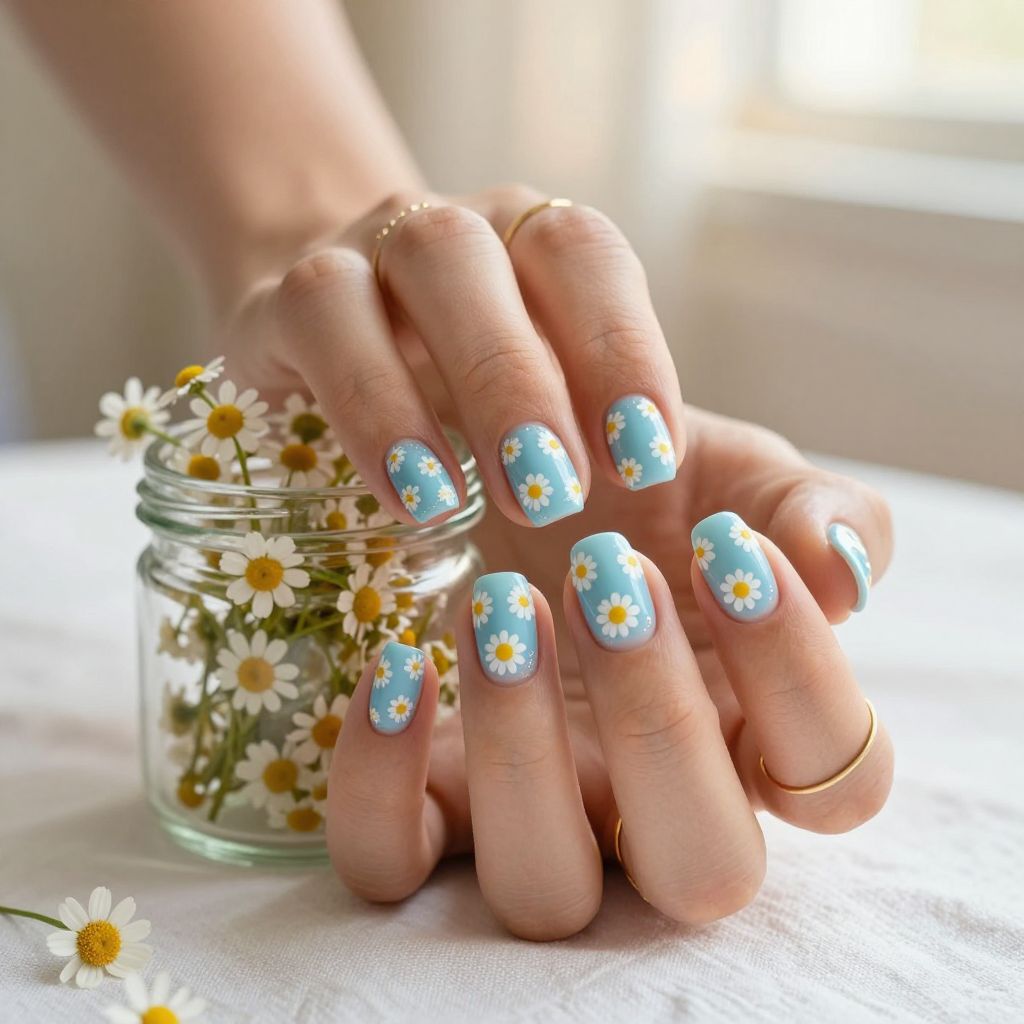 Tiny daisy garden acrylic nails