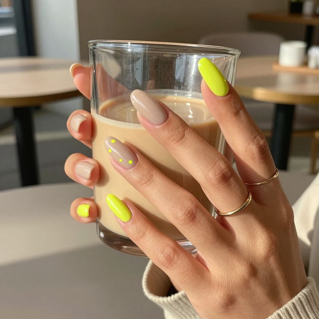 Nude and neon pop acrylic nails