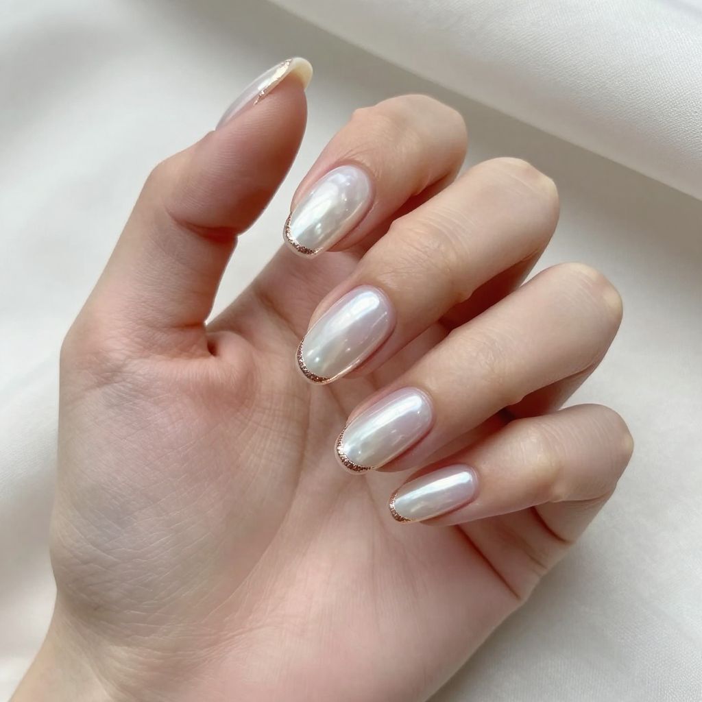 Simple Almond Nail Designs pearl white with rose gold accent nail idea 11