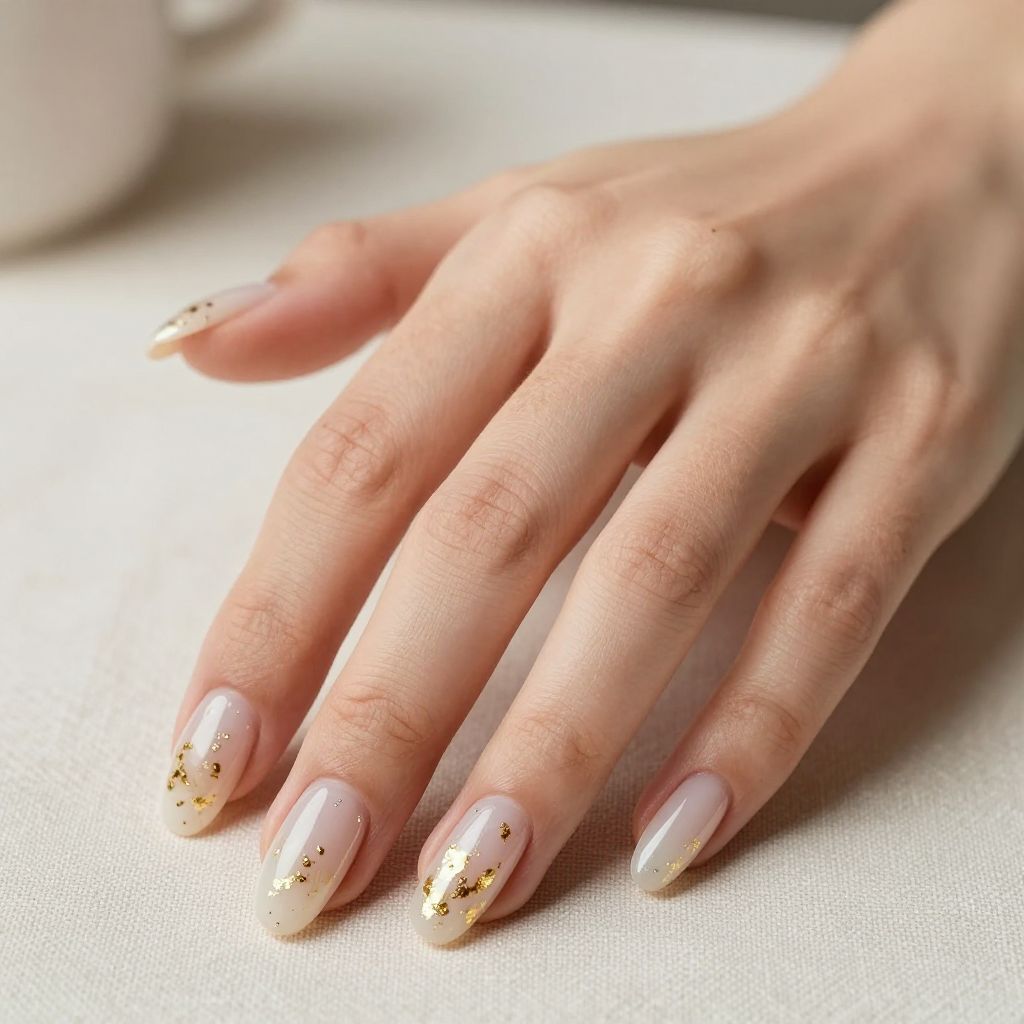 Simple Almond Nail Designs milky white with gold flecks nail idea 3